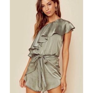 Tru Blu Wrap Star One Shoulder Ruffle Shiny  Olive Green Romper in XS